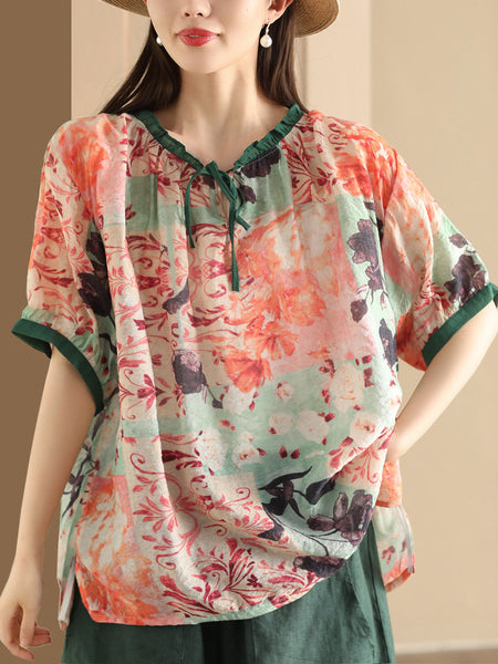 Women Summer Artsy Print Strap Loose Linen Shirt HH046 JLFZ