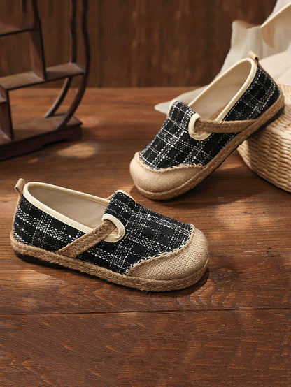 Women Artsy Summer Plaid Linen Spliced Flat Shoes RR007 BUYKUD