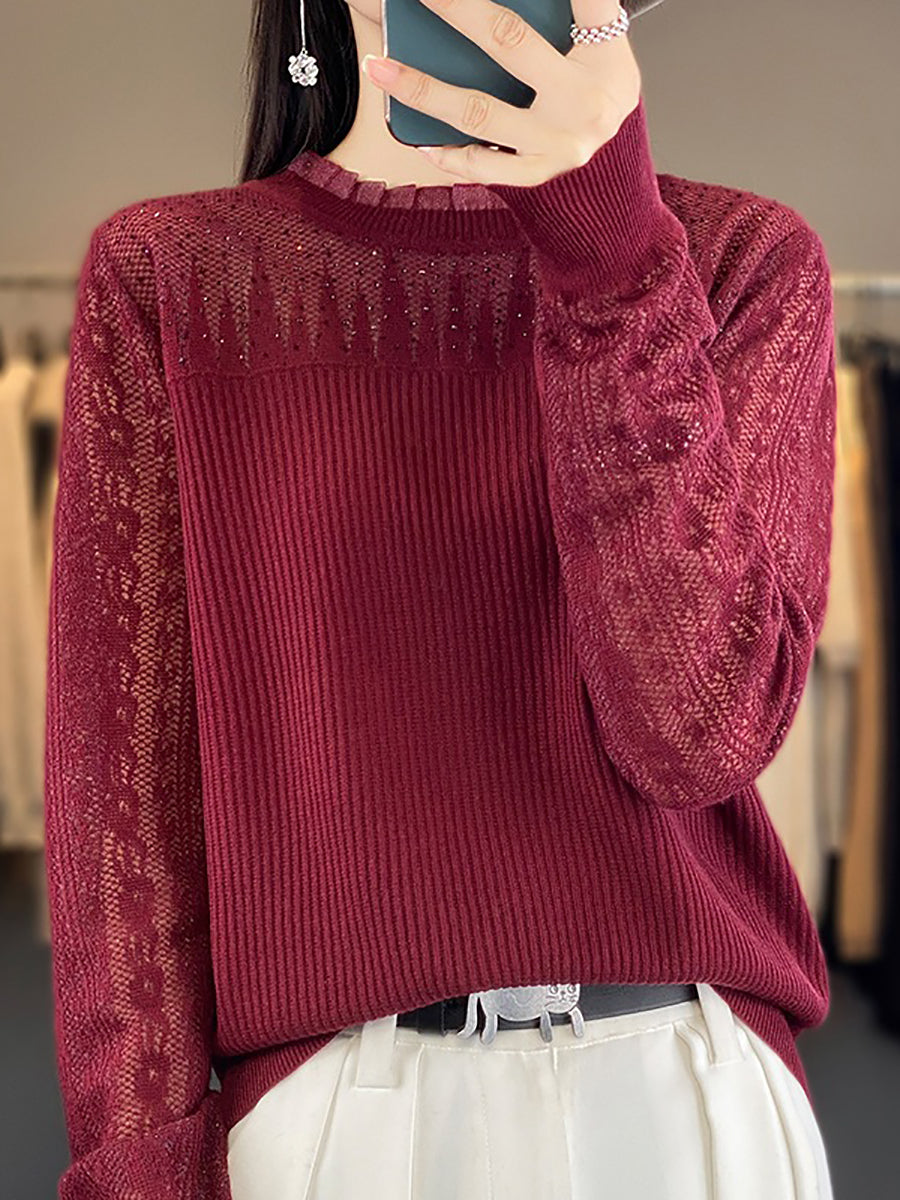 Women Autumn Solid Lace Knit Sweater QM030 BK