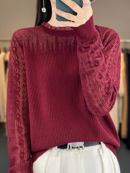 Women Autumn Solid Lace Knit Sweater QM030 BK