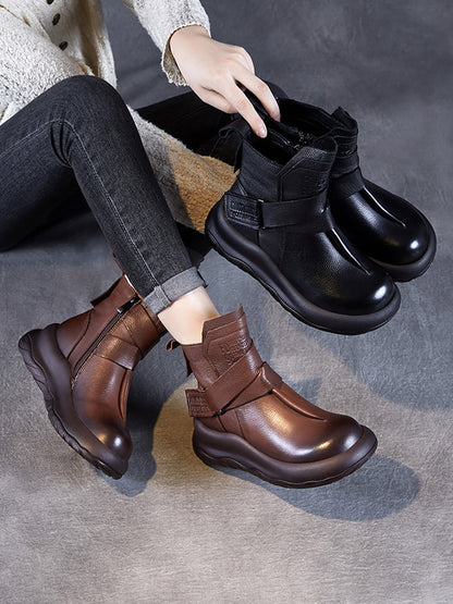 Women Vintage Genuine Leather Spliced Platform Ankle Boots QU002 ZMM