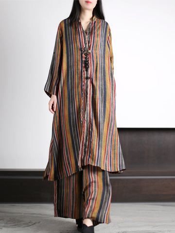 Plus Size Women Vintage Stripe Loose Long Shirt+Pants XX1029 Ada Fashion