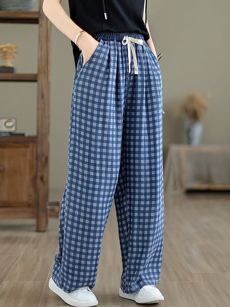 Women Summer Casual Plaid Wide-leg Cotton Pants OP1028 BUYKUD
