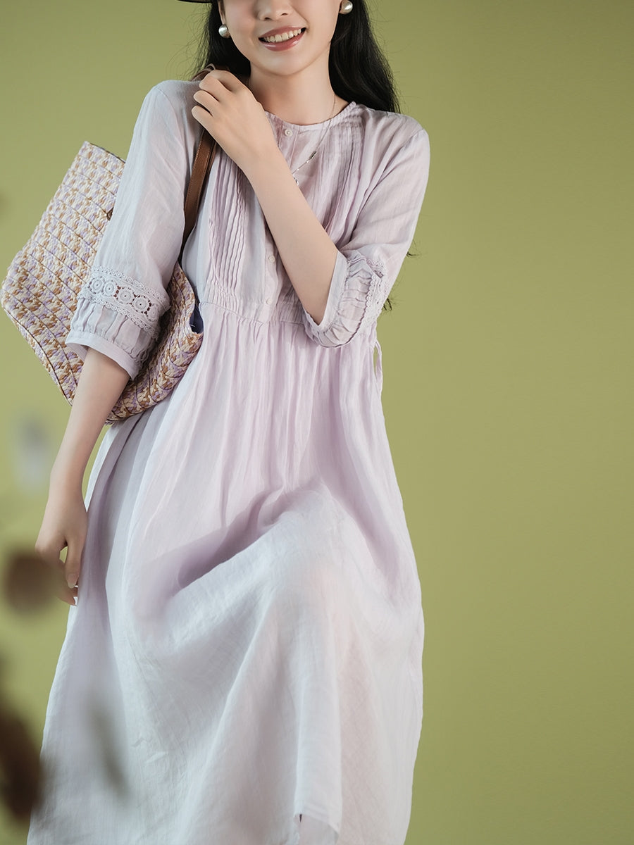 Women Summer Artsy Shirred O-Neck Lacework Ramie Dress CX030 YQMM