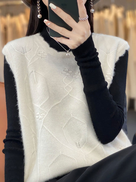 Women Casual Wool O-Neck Crochet Knit Vest AV1059 Genistyle Shop