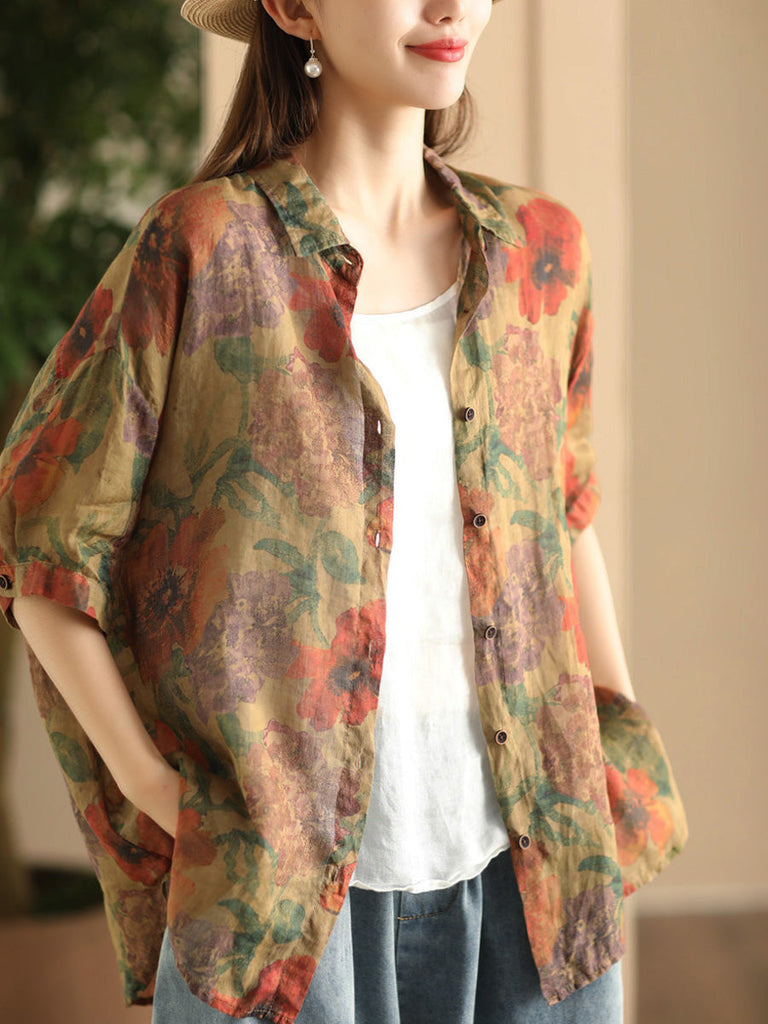 Women Summer Vintage Flower Patch Spliced Ramie Shirt FD039 BUYKUD