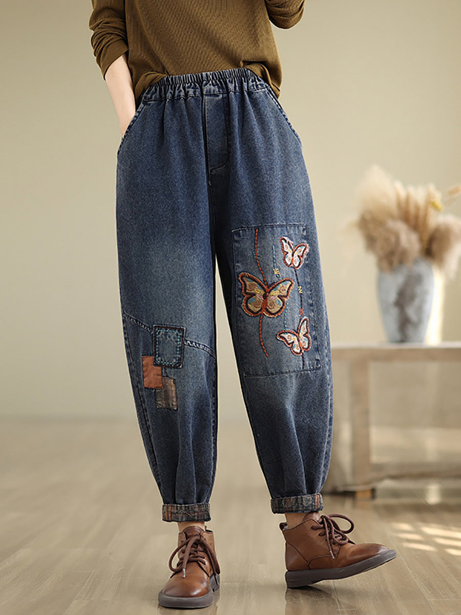 Women Autumn Artsy Butterfly Embroidery Denim Harem Pants AI1078 ZMFS