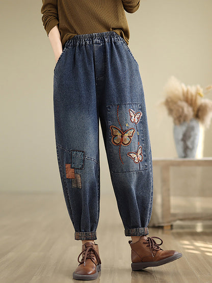 Women Autumn Artsy Butterfly Embroidery Denim Harem Pants AI1078 ZMFS