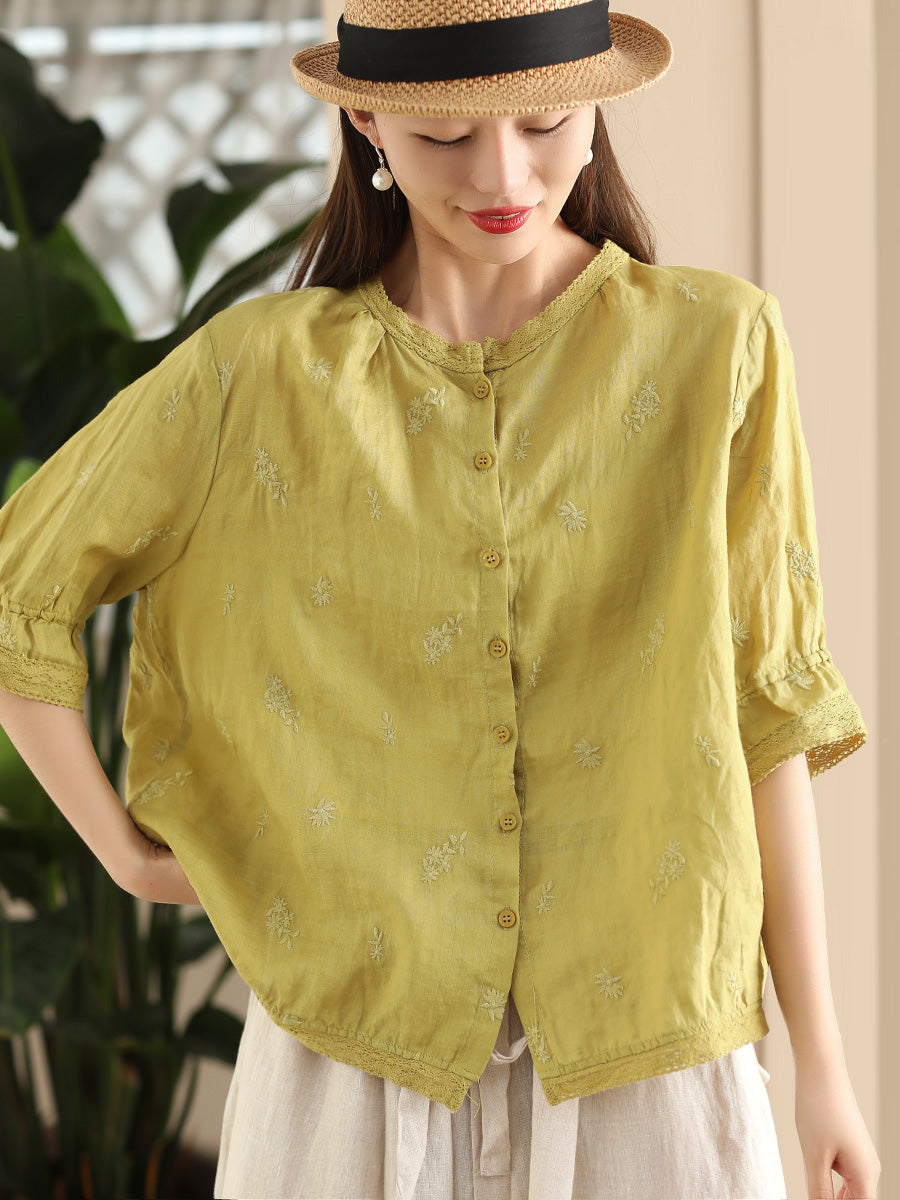 Women Summer Vintage Embroidery Button-up Ramie Shirt CX007 ZMMM