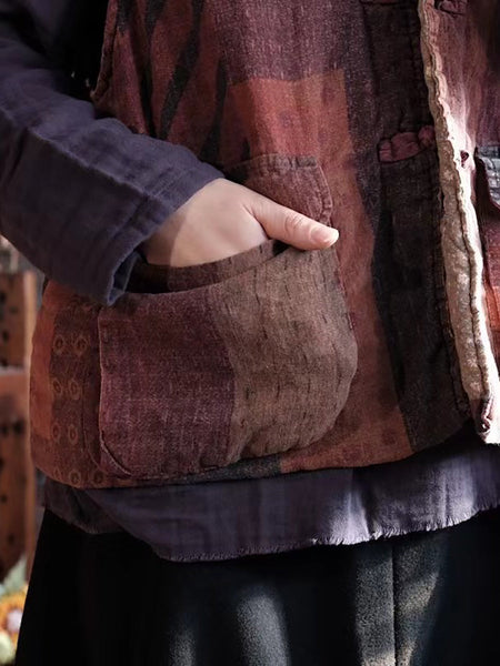 Women Retro Print Linen Cotton Padded Vest AT1078 JSHY