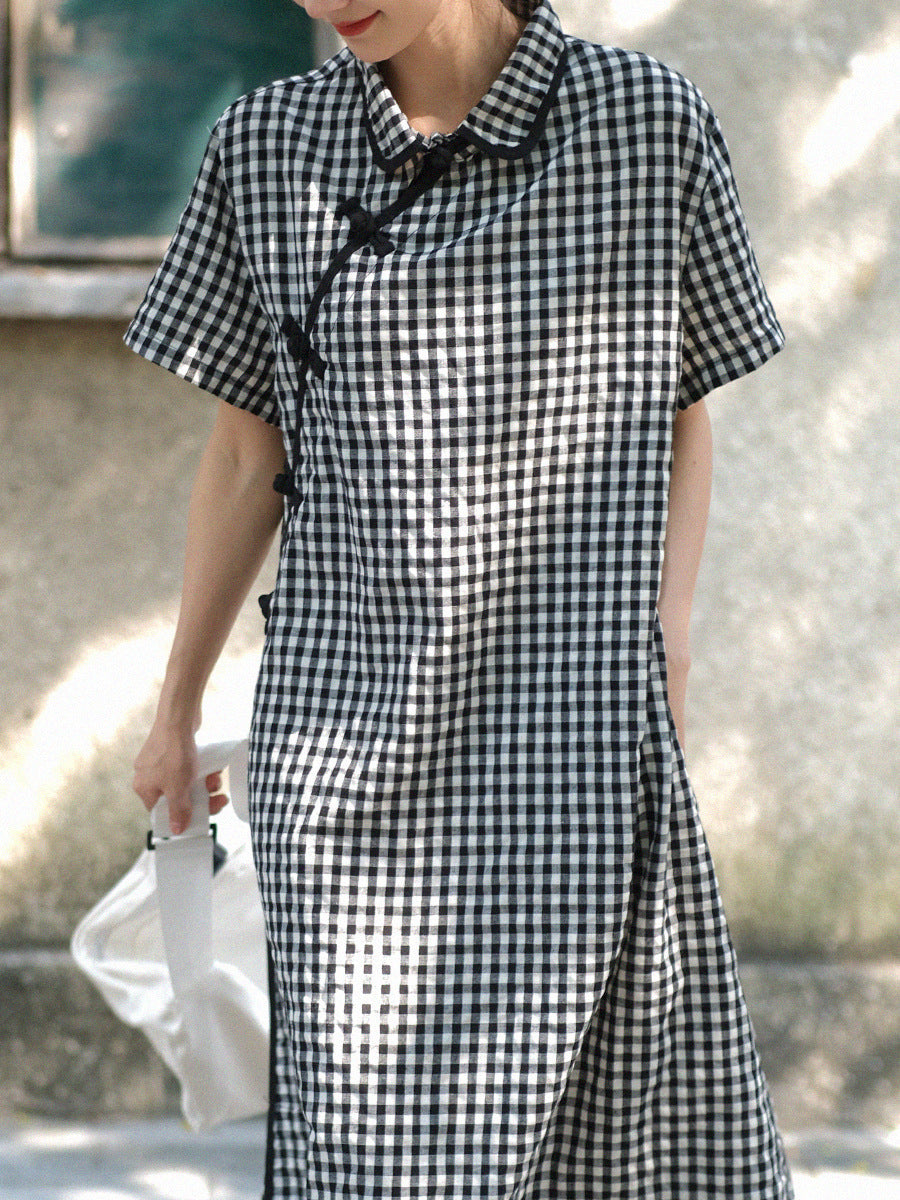 Plus Size Women Summer Vintage Plaid Frog Loose Dress WE1031 Ada Fashion