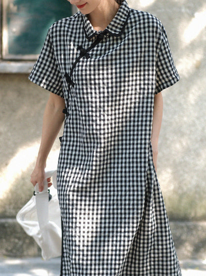 Plus Size Women Summer Vintage Plaid Frog Loose Dress WE1031 Ada Fashion
