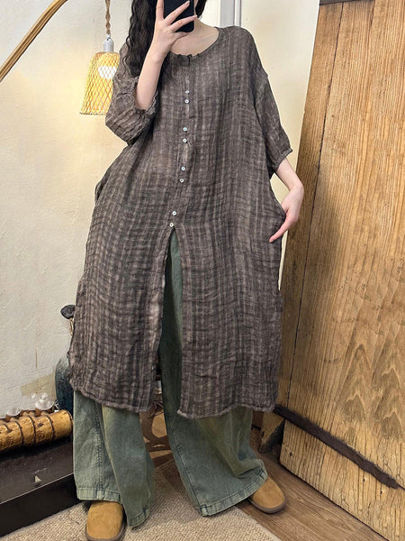 Women Retro Plaid Button-up O-Neck Linen Long Shirt CC028 GLL