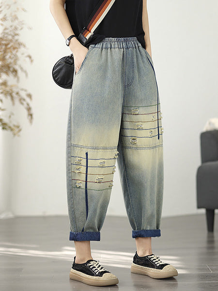 Pants Frayed Retro Denim Harem Women FashionChic
