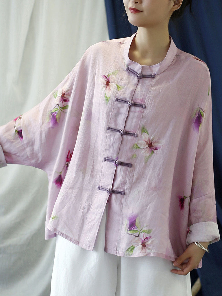 Plus Size Women Vintage Flower Pink Spring Ramie Shirt Coat PP1051 JSHY