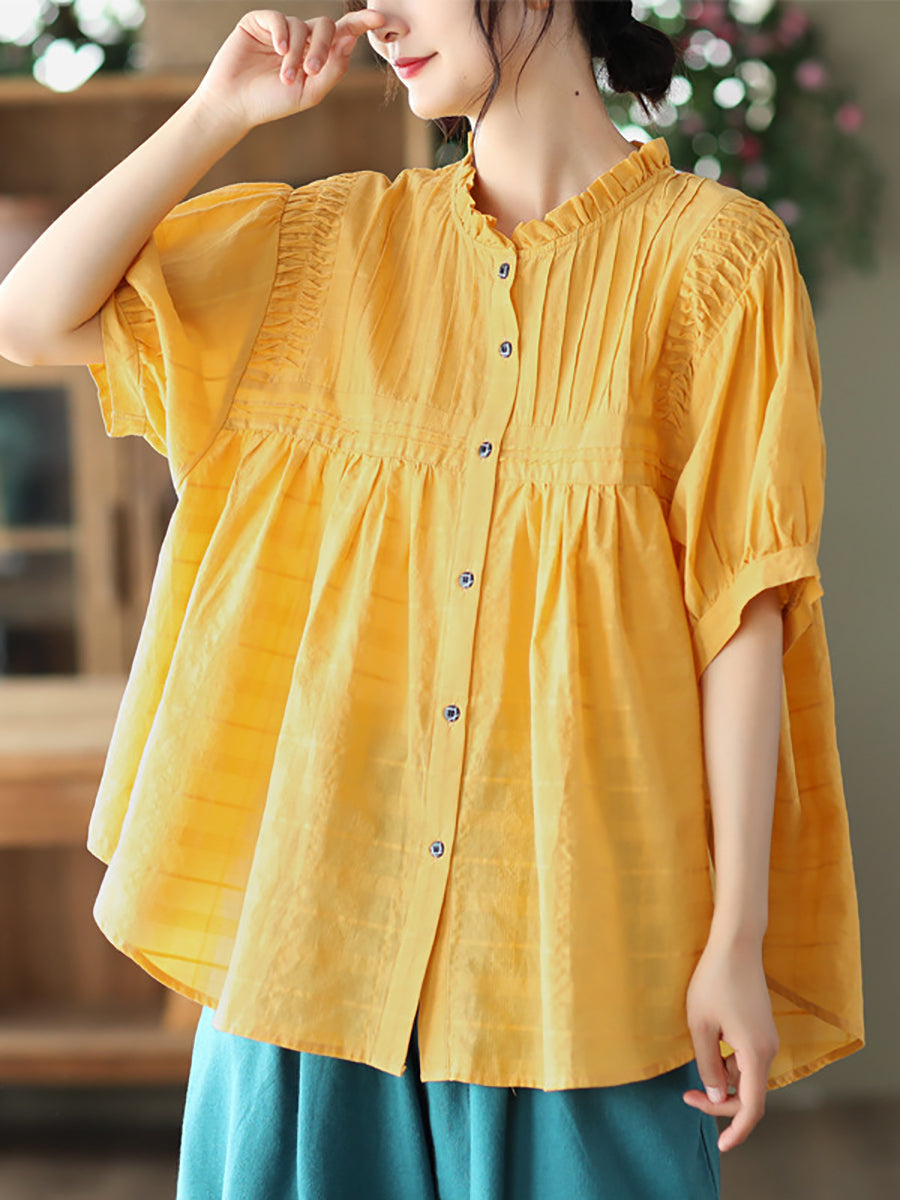 Women Artsy Shirred Stripe Cotton Agaric-Lace Shirt OP1006 BUYKUD