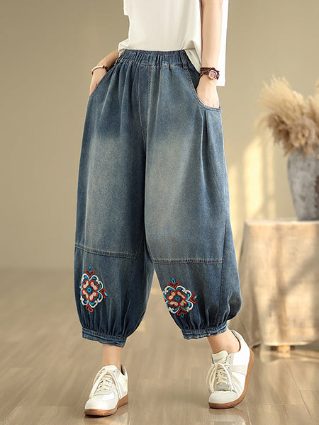 Denim Flower Women Pants Harem Embroidery Retro FashionChic