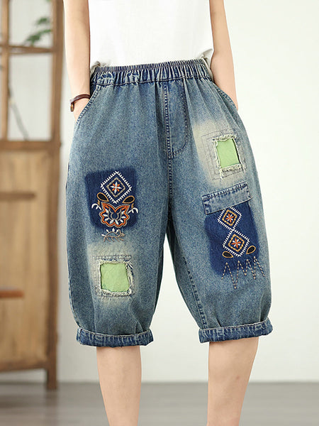 Denim Flower Retro Embroidery Fifth Women Pants Patchwork FashionChic