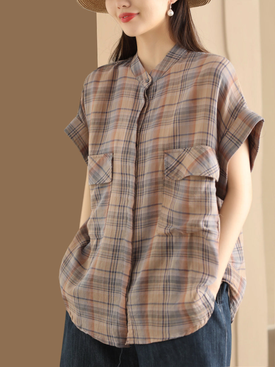 Women Summer Vintage Plaid Button-up Shirt PP1037 XLM