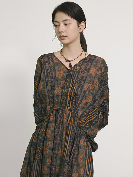 Plus Size Women Summer Artsy Print V-Neck Ramie Dress LL054 BUYKUD