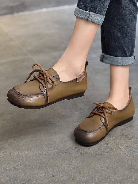 Women Summer Retro Solid Leather Square Toe Flat Shoes CX041 TZTJ