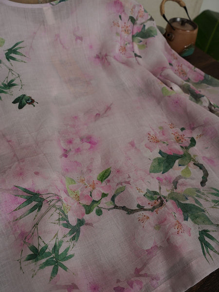 Women Summer Ethnic Flower Ramie Buckle Shirt PA1015 Ada Fashion