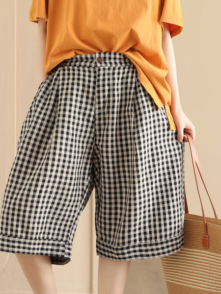 Women Summer Casual Plaid Linen Wide-leg Pants PP1028 BUYKUD