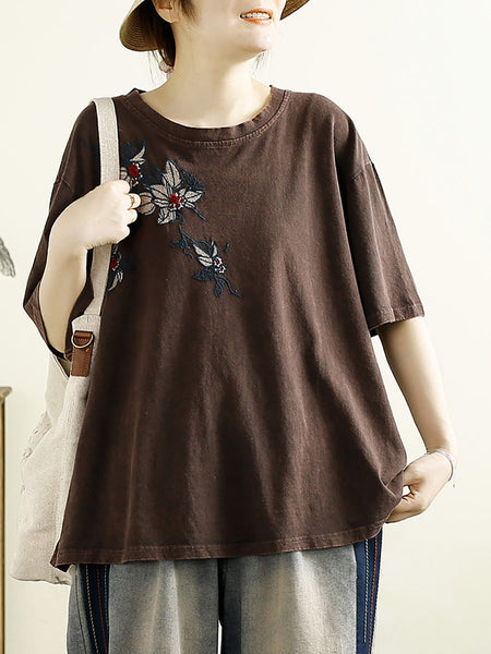 Women Summer Artsy Flower Embridery Cotton Shirt RR1012 BUYKUD