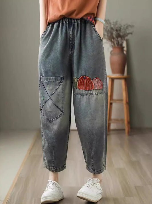 Women Summer Casual Embroidery Denim Harem Pants CV1047 Ada Fashion