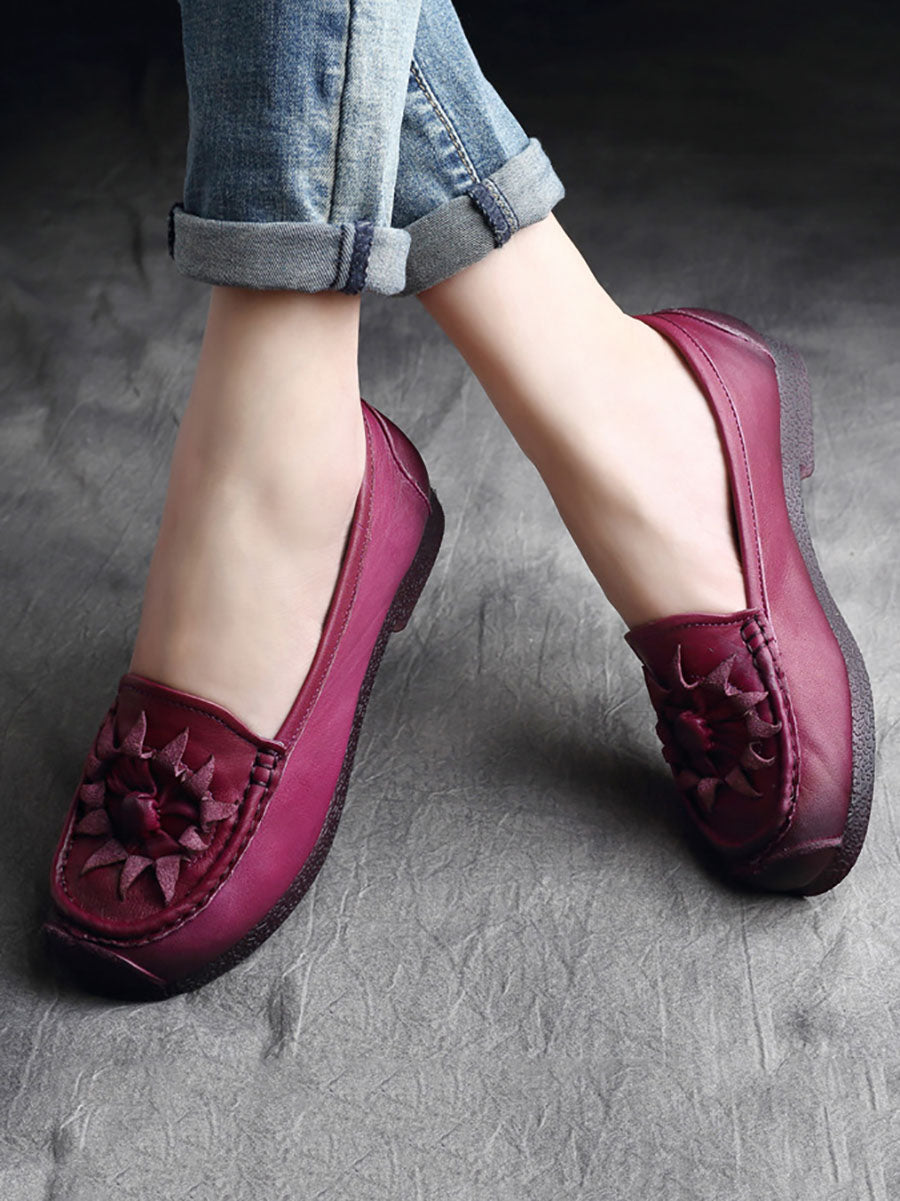 Women Vintage Flower Genuine Leather Low Heel Shoes AS1005 RXMY