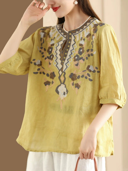 Women Summer Ethnic Flower Embroidery Ramie Shirt TY1006 Ada Fashion