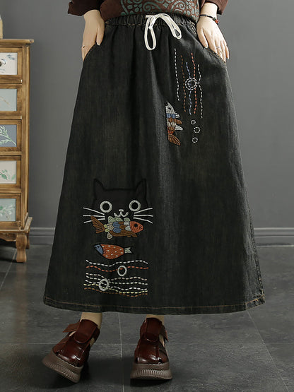 Women Summer Casual Cat Fish Embroidery Denim Skirt KL1008 Ada Fashion