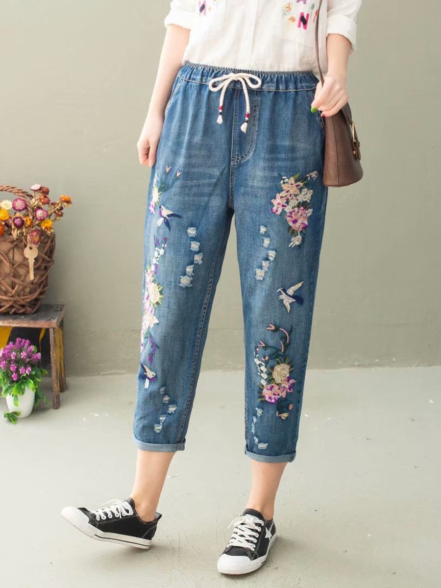 Women Summer Casual Flower Embroidery Denim Harem Pants IO1022 Ada Fashion