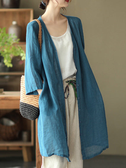 Women Summer Casual Solid Linen Button-up Long Shirt SC1033 Ada Fashion