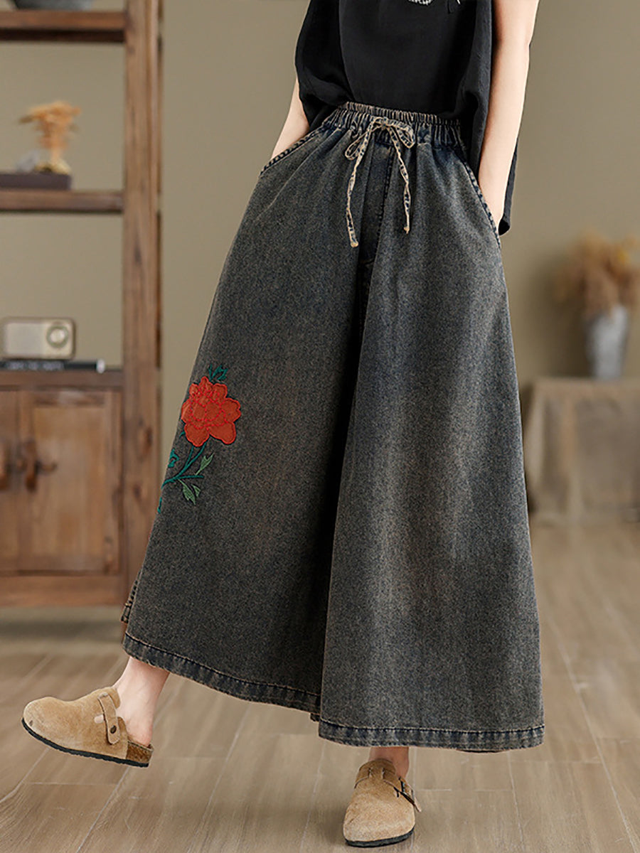 Women Summer Vintage Flower Denim Wide-leg Pants OP1010 BUYKUD