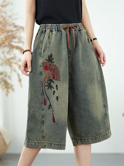 Straight Embroidery Women Denim Fifth Pants Flower Retro FashionChic