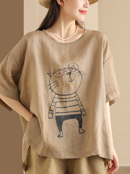 Women Summer Cartoon Cat Print Ramie Pullover Shirt OO1034 BUYKUD