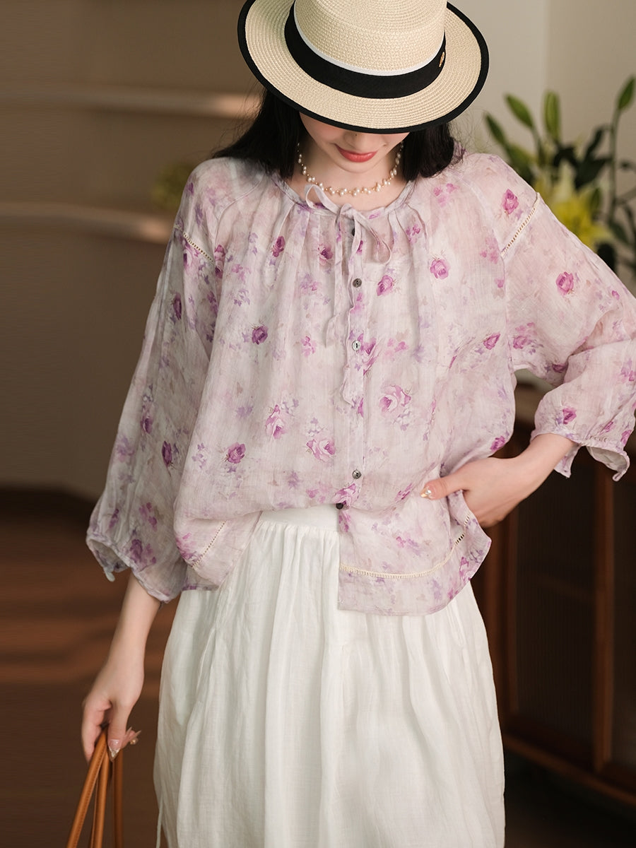 Women Summer Vintage Flower Button-Up Ramie Shirt RR1013 BUYKUD