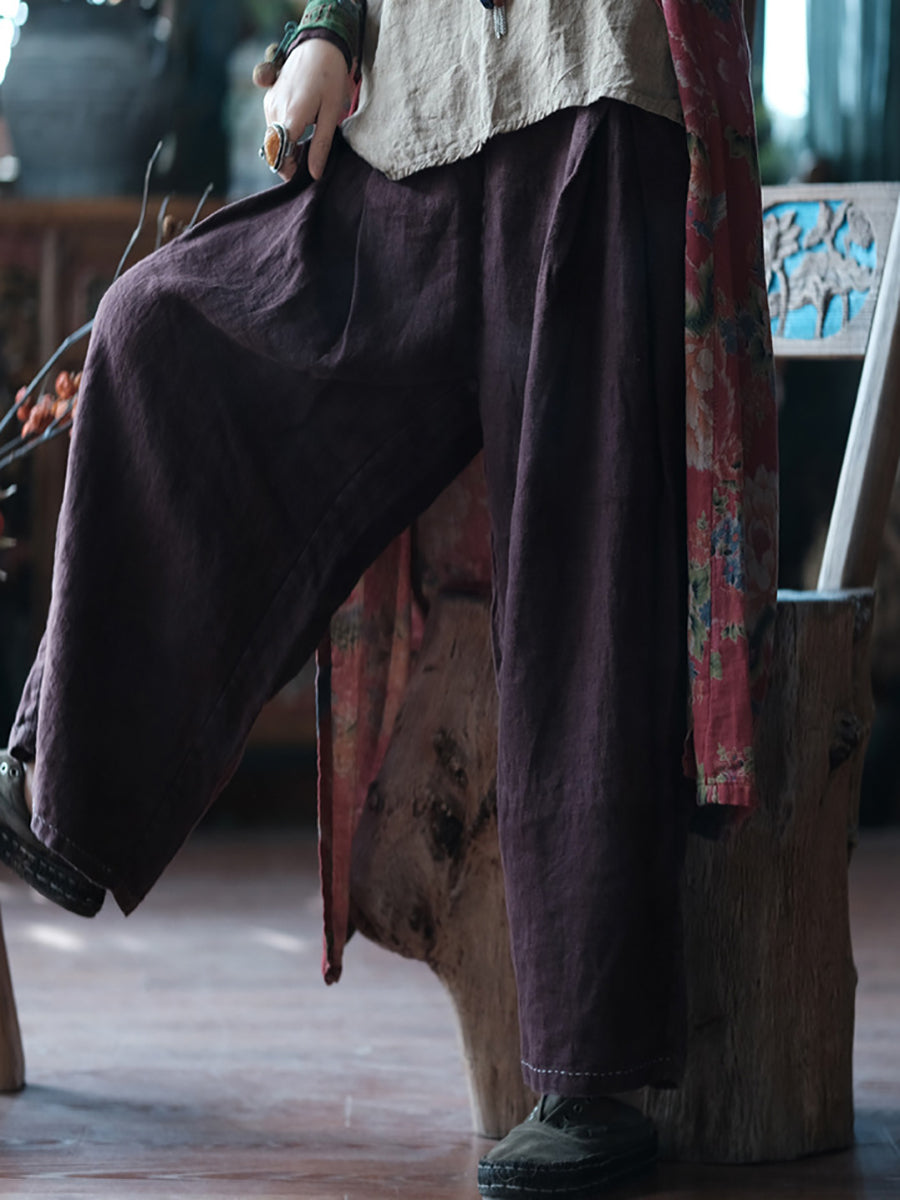 Women Summer Retro Solid Linen Wide-leg Pants XX1054 Ada Fashion