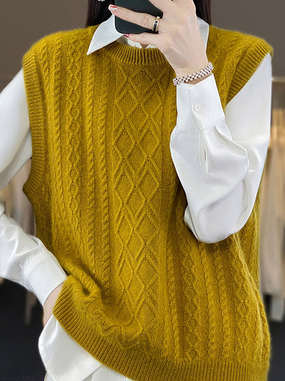 Women Casual Wool O-Neck Twist Knit Vest QU007 BUYKUD