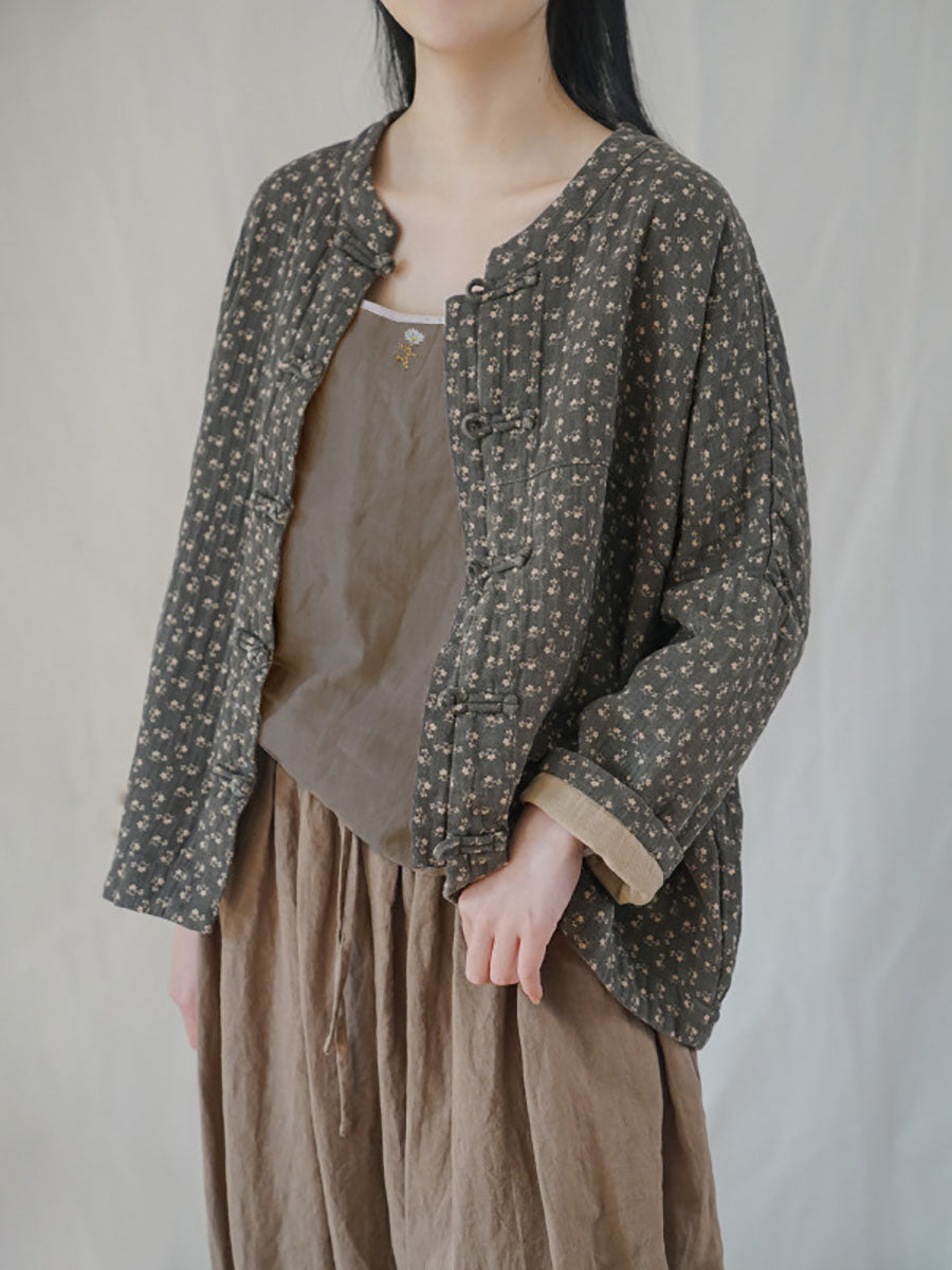 Women Ethnic Autumn Floral Button-up Cotton Coat AS1036 MH