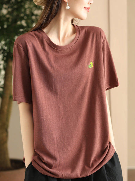 Women Summer Casual Solid Embroidery O-Neck Cotton Shirt CX060 JPFS