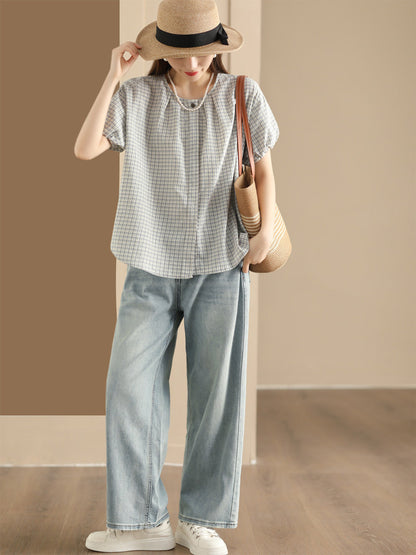 Women Summer Artsy Plaid Loose Cotton Shirt CV1007 Ada Fashion