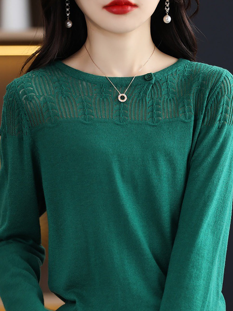 Women Autumn Solid Knit 100%Wool O-Neck Sweater QM019 BK