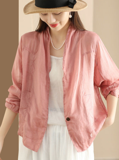 Women Vintage Solid Summer Ramie Thin Cardigan Shirt Coat SC1056 Ada Fashion