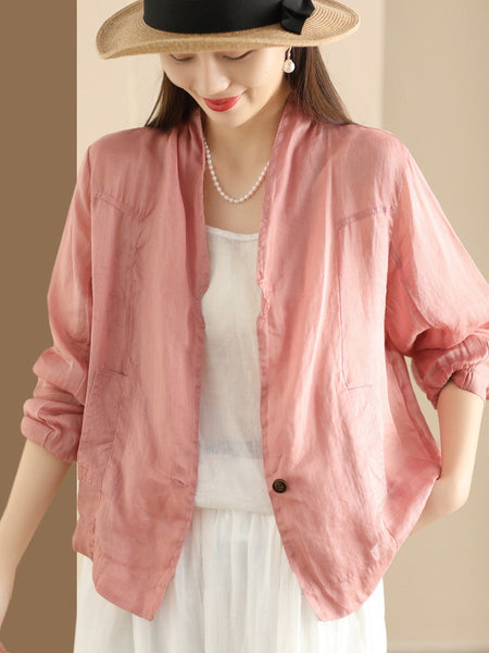 Women Vintage Solid Summer Ramie Thin Cardigan Shirt Coat SC1056 Ada Fashion