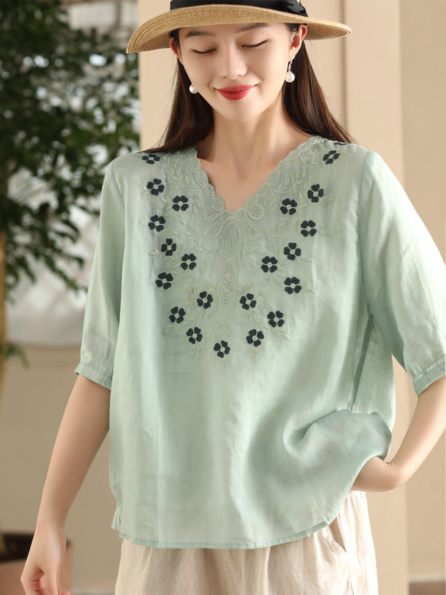 Women Summer Artsy Flower Embroidery Ramie V-Neck Shirt CC030 LPP