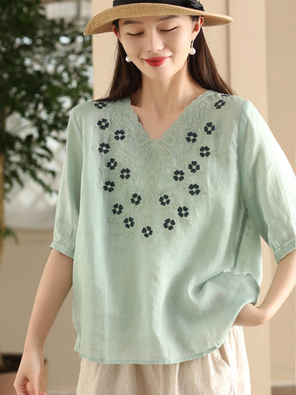 Women Summer Artsy Flower Embroidery Ramie V-Neck Shirt CC030 LPP