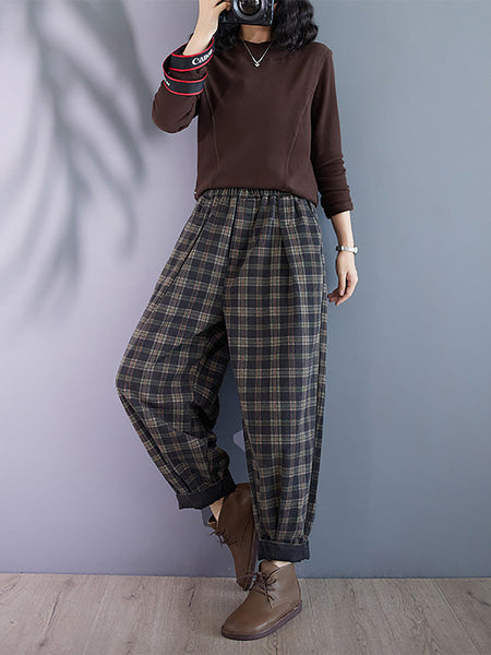 Women Autumn Retro Plaid Thick Cotton Harem Pants BA1036 Genistyle Shop