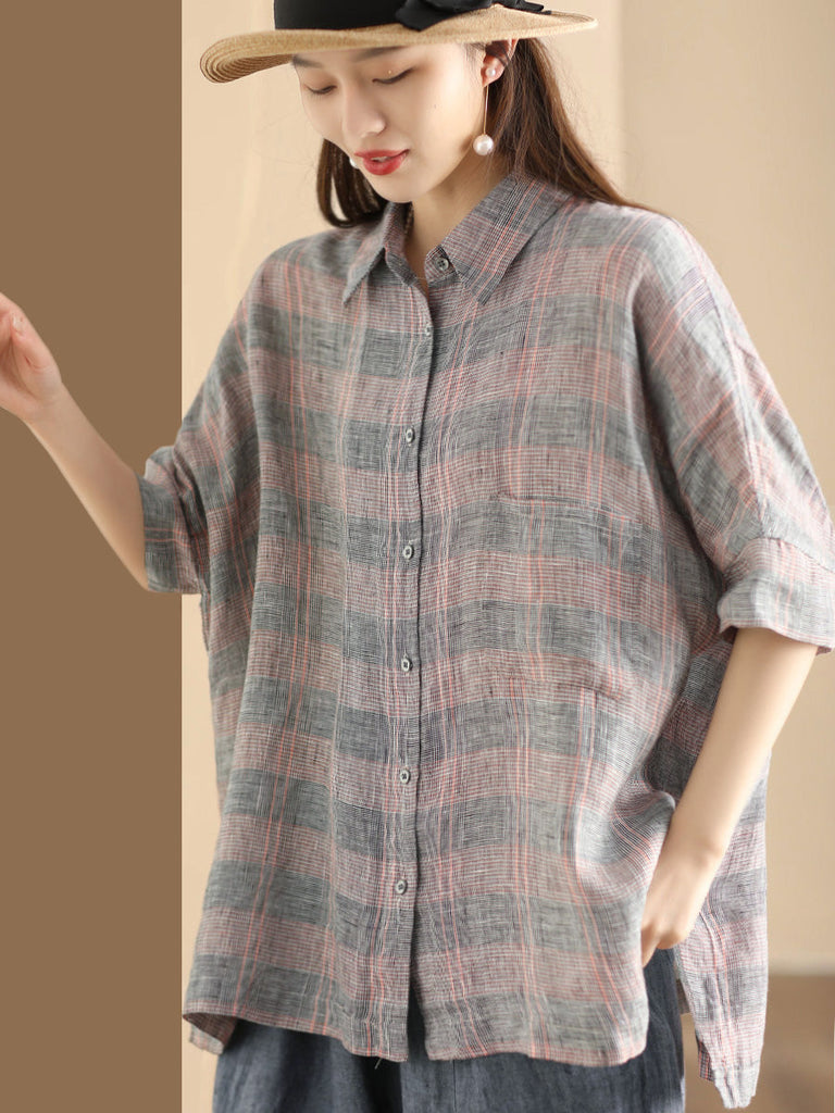 Women Retro Summer Plaid Linen Button-Up Blouse CO1006 Ada Fashion